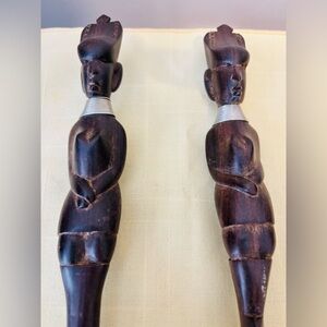 Hand Carved African Ebony Wood Salad Fork & Knife Set Stand Not Included